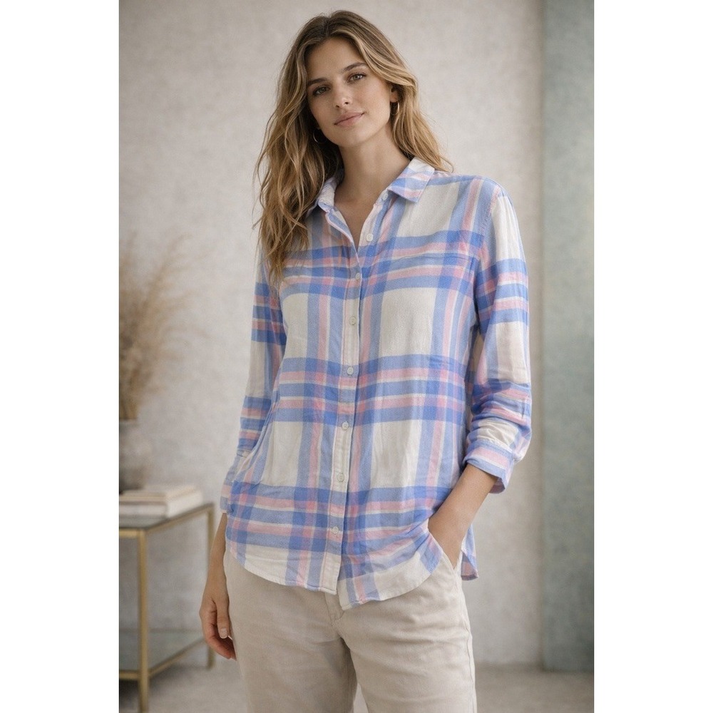 Banana Republic Womens Medium Boyfriend Fit Plaid Button Up Shirt‎ Coastal